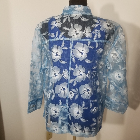 Graff by Um Company Sheer Floral Button Down Blouse Top with Real Pearls Large - Picture 6 of 7